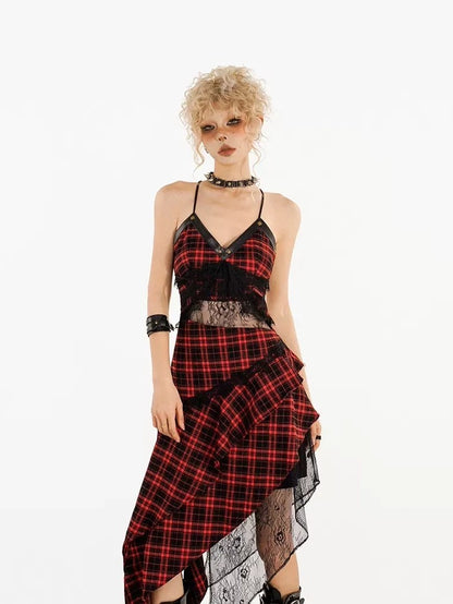 Nico Molly Red Black Plaid Lace Spliced Irregular A Line Women&