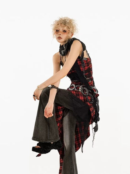 Nico Molly Red Black Plaid Lace Spliced Irregular A Line Women&