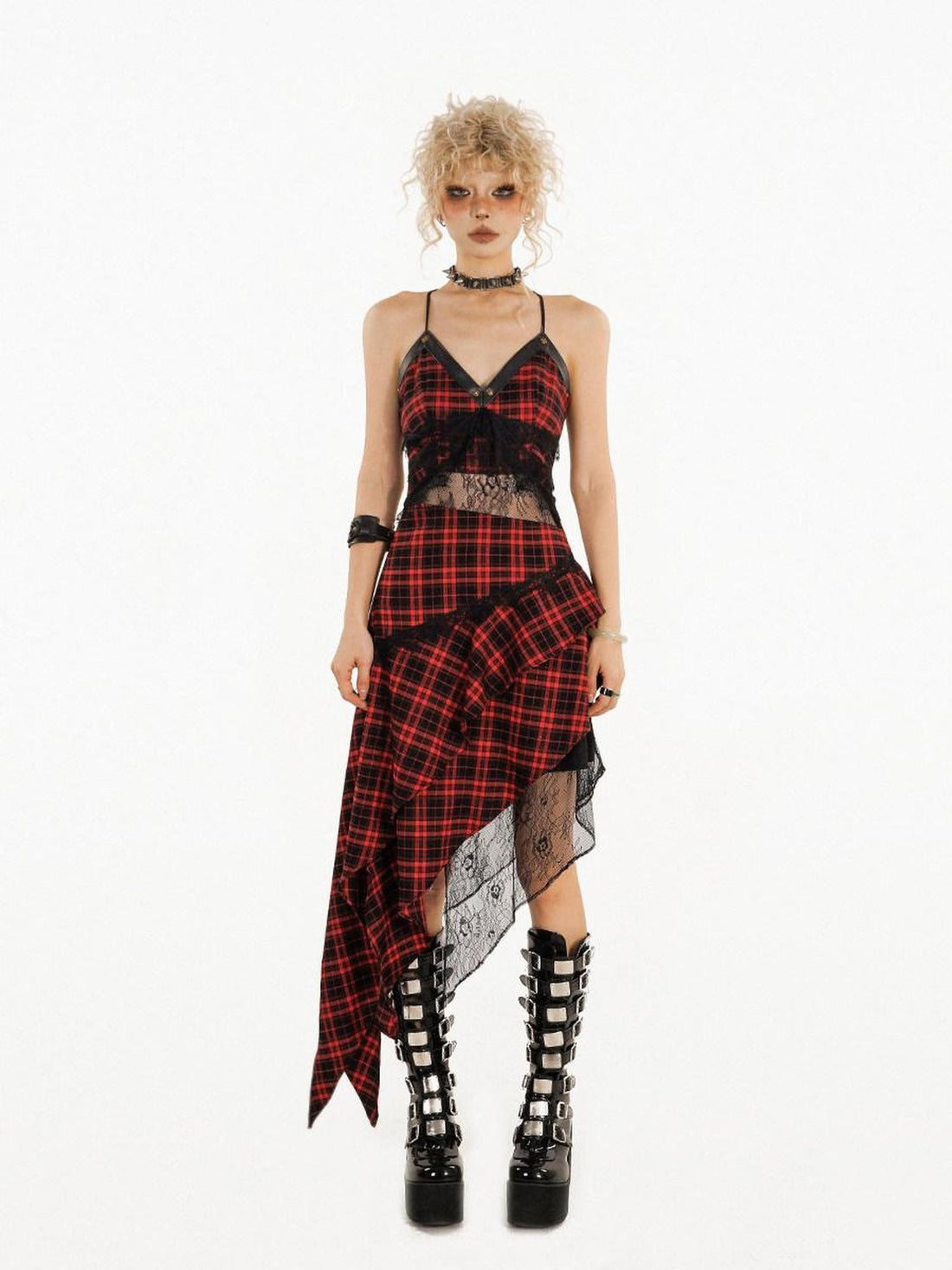 Nico Molly Red Black Plaid Lace Spliced Irregular A Line Women&
