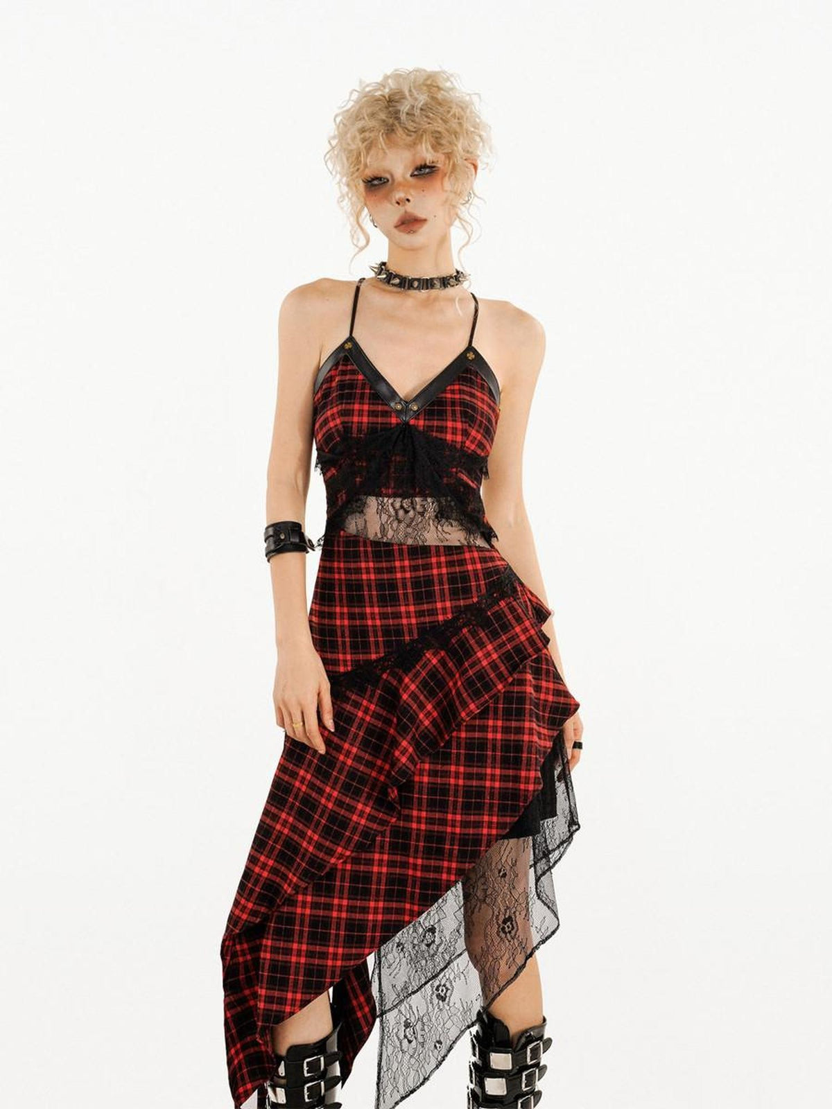 Nico Molly Red Black Plaid Lace Spliced Irregular A Line Women&