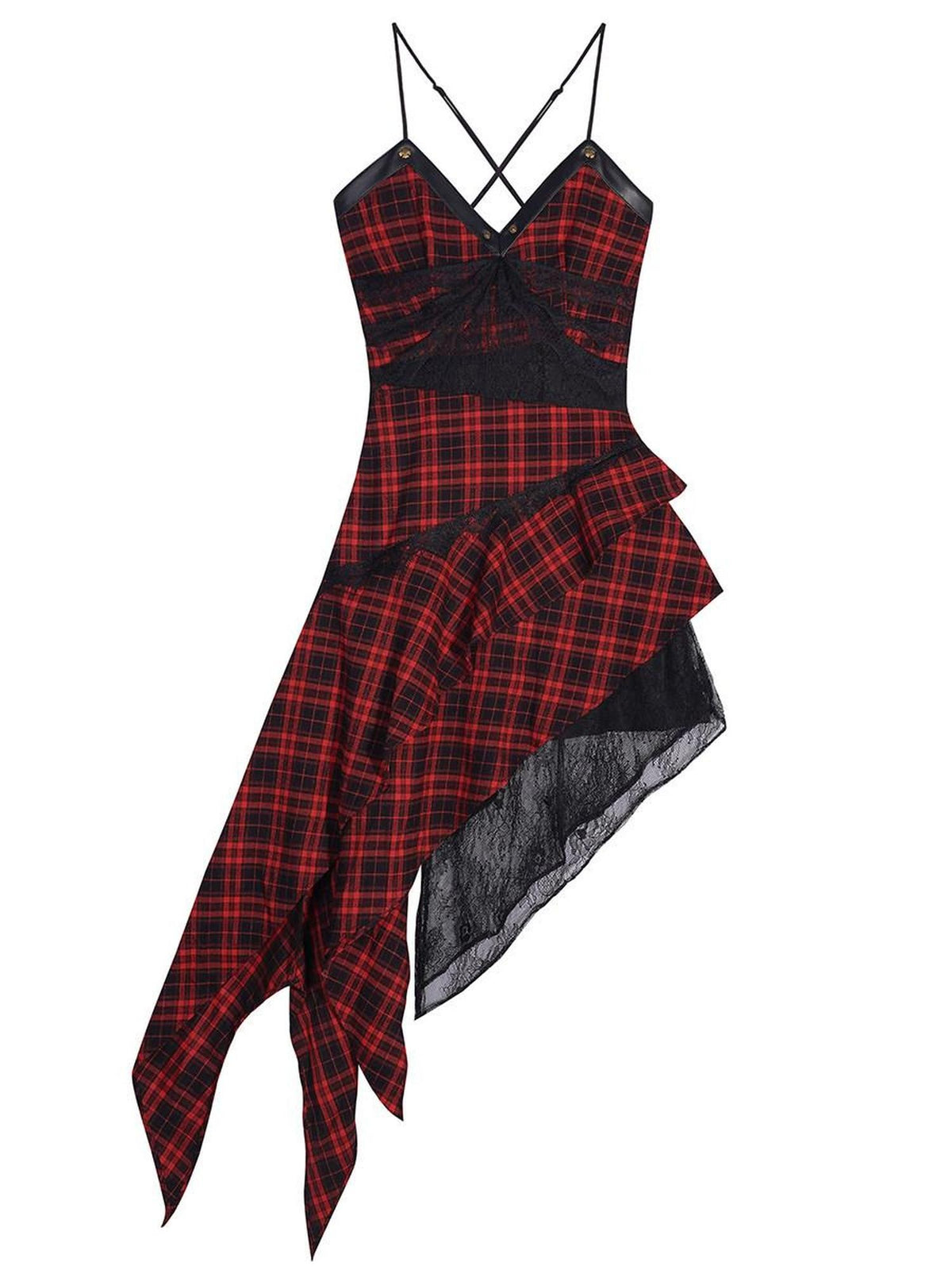 Nico Molly Red Black Plaid Lace Spliced Irregular A Line Women&