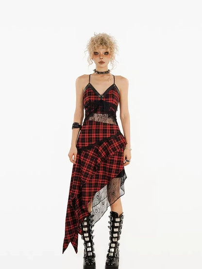 Nico Molly Red Black Plaid Lace Spliced Irregular A Line Women&