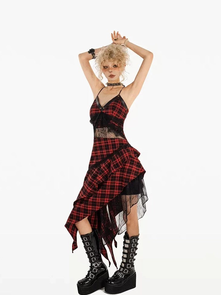 Nico Molly Red Black Plaid Lace Spliced Irregular A Line Women&