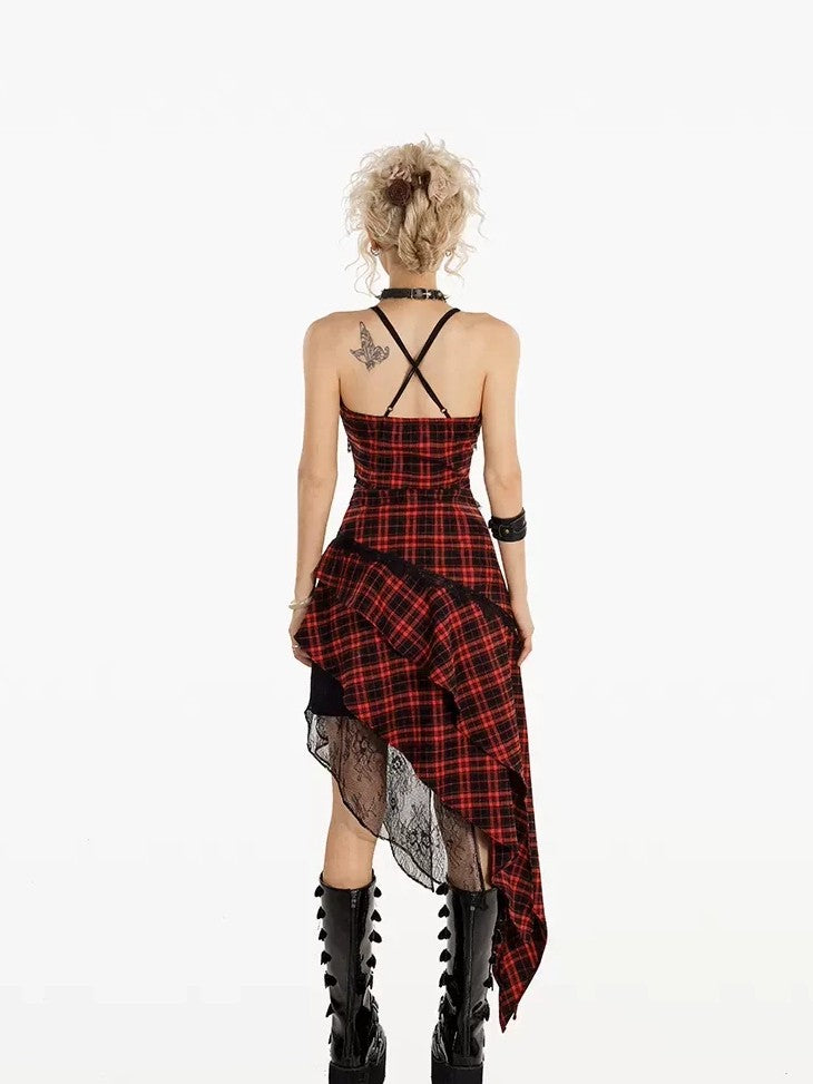 Nico Molly Red Black Plaid Lace Spliced Irregular A Line Women&