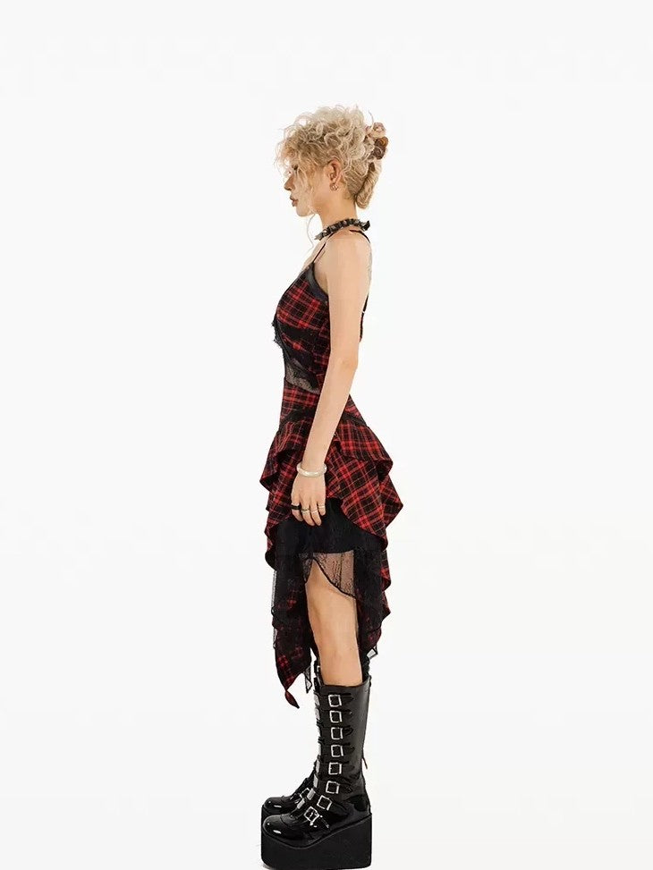 Nico Molly Red Black Plaid Lace Spliced Irregular A Line Women&