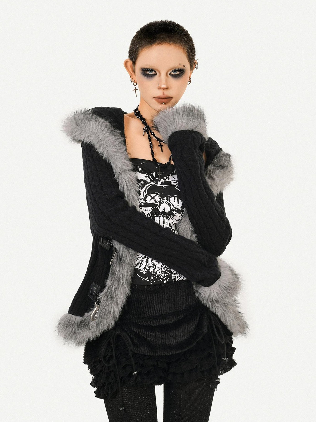 Nico Molly Red Black Skull Print Punk Gothic Bardot Cropped Slim Fit Women&