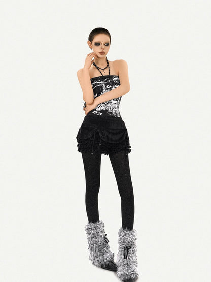 Nico Molly Red Black Skull Print Punk Gothic Bardot Cropped Slim Fit Women&