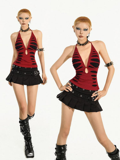 Nico Molly Red Distressed Backless V-neck Waist Cinching Gothic Women&