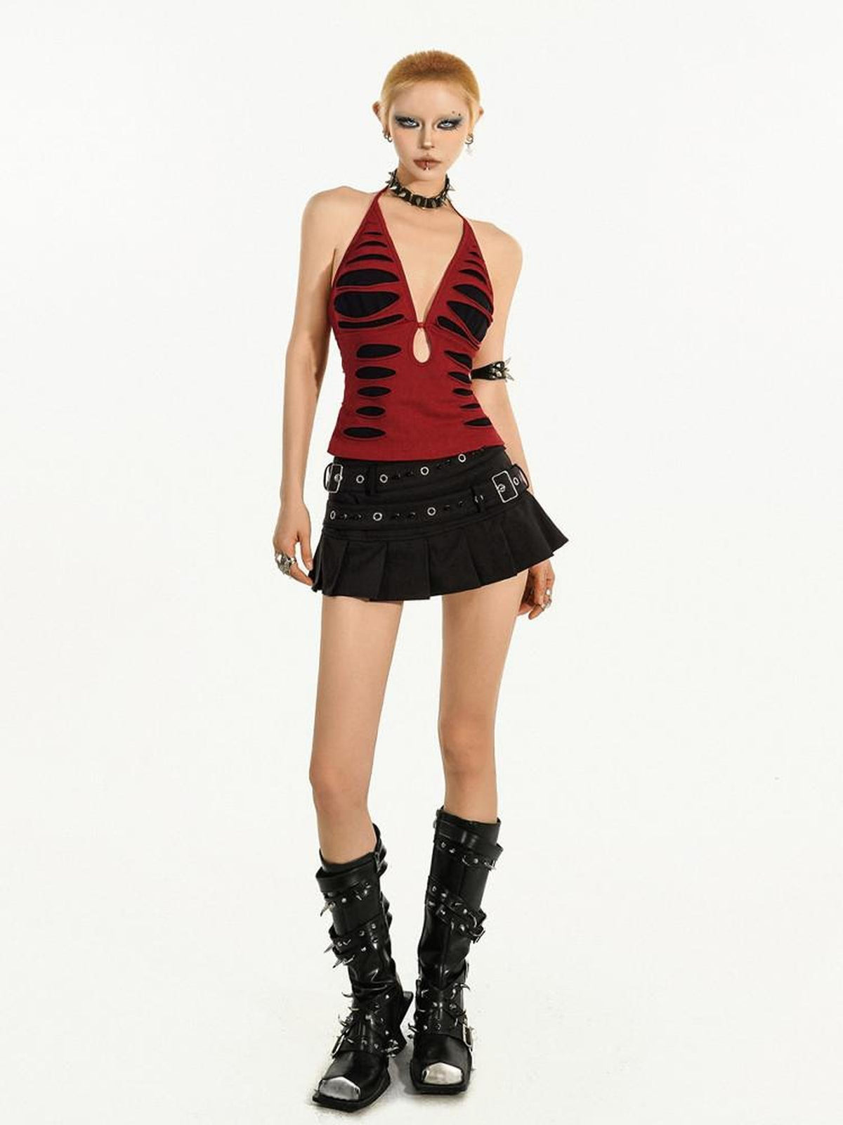 Nico Molly Red Distressed Backless V-neck Waist Cinching Gothic Women&