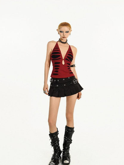 Nico Molly Red Distressed Backless V-neck Waist Cinching Gothic Women&