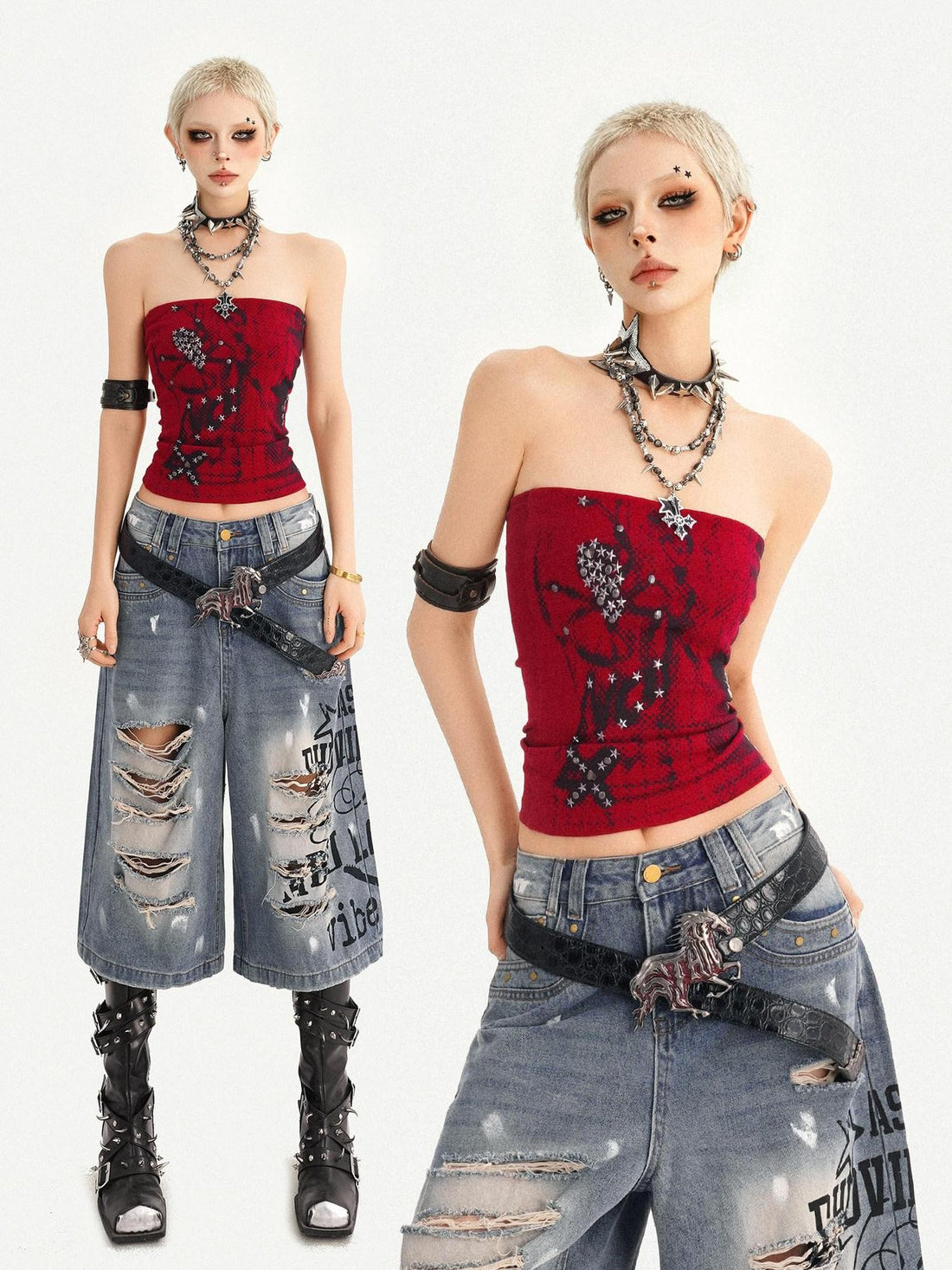 Nico Molly Red Gothic Studded Print Slim Fit Street Punk Women&