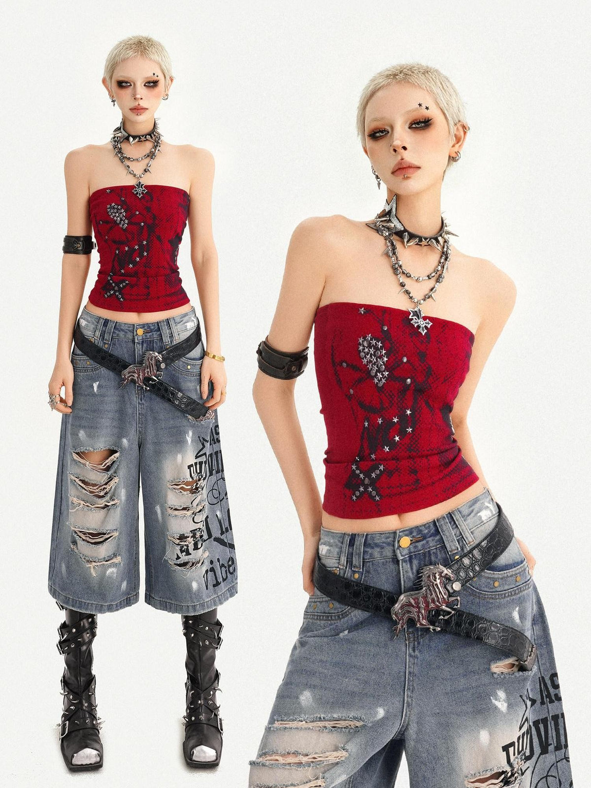 Nico Molly Red Gothic Studded Print Slim Fit Street Punk Women&