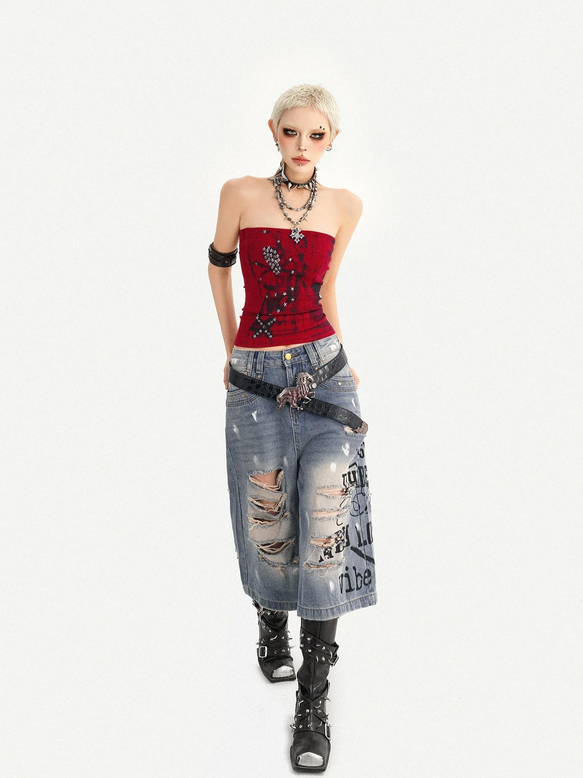 Nico Molly Red Gothic Studded Print Slim Fit Street Punk Women&