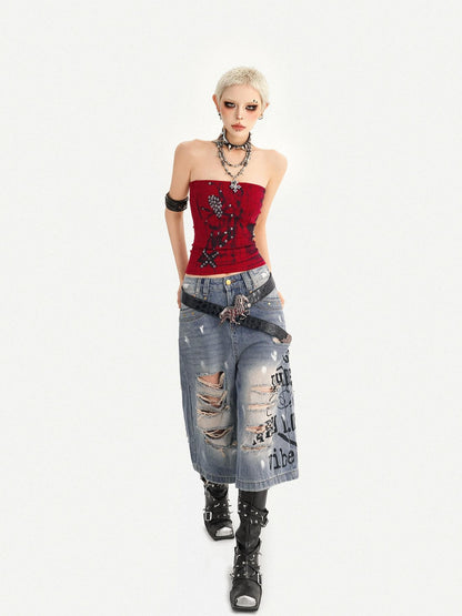 Nico Molly Red Gothic Studded Print Slim Fit Street Punk Women&