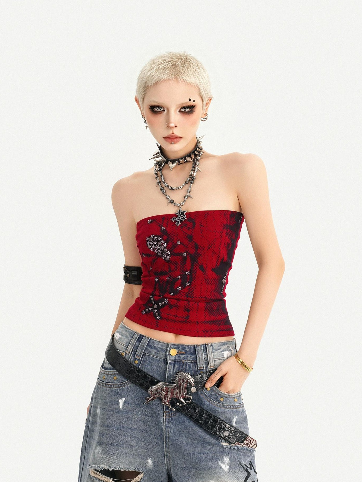 Nico Molly Red Gothic Studded Print Slim Fit Street Punk Women&