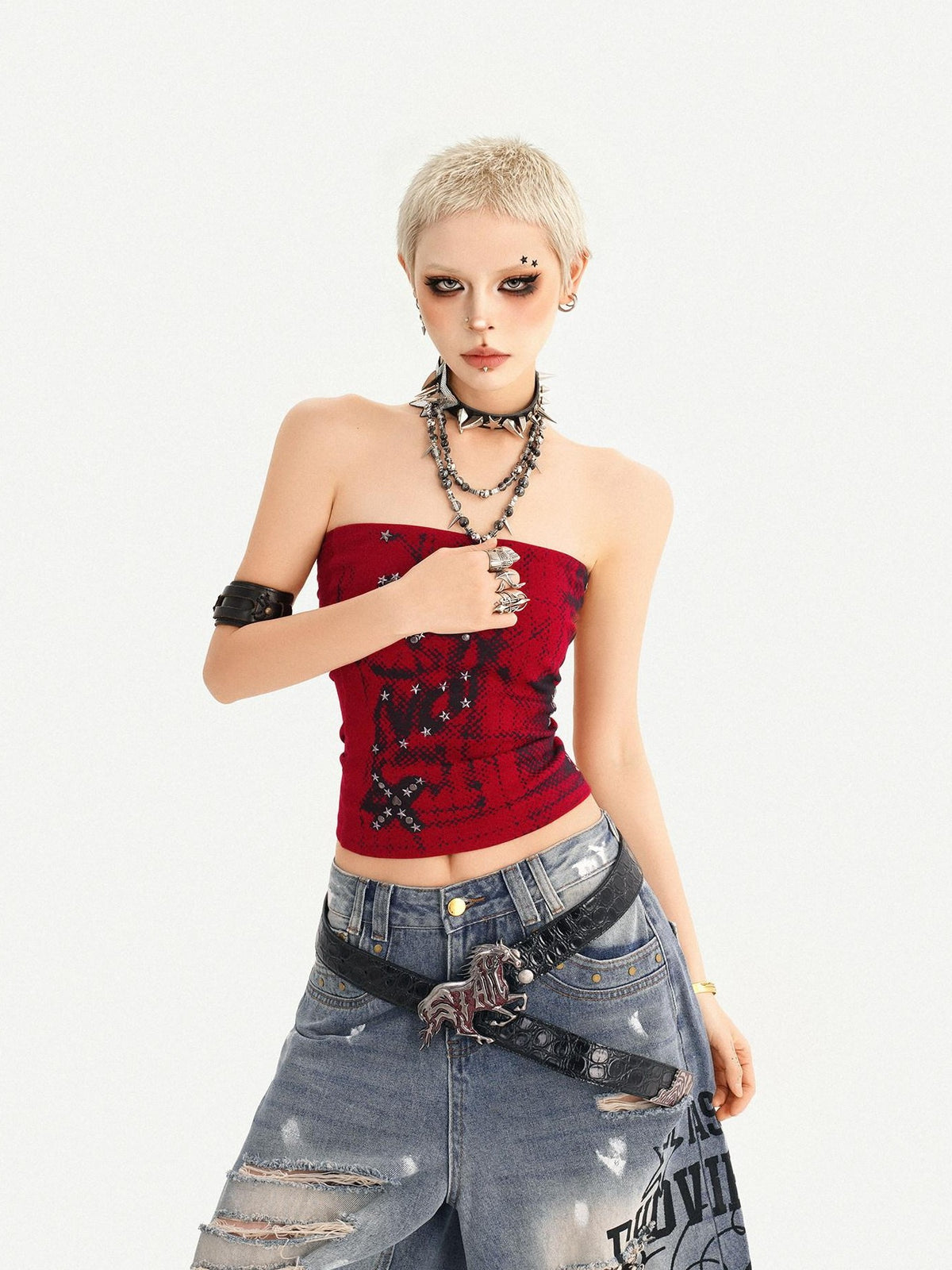 Nico Molly Red Gothic Studded Print Slim Fit Street Punk Women&