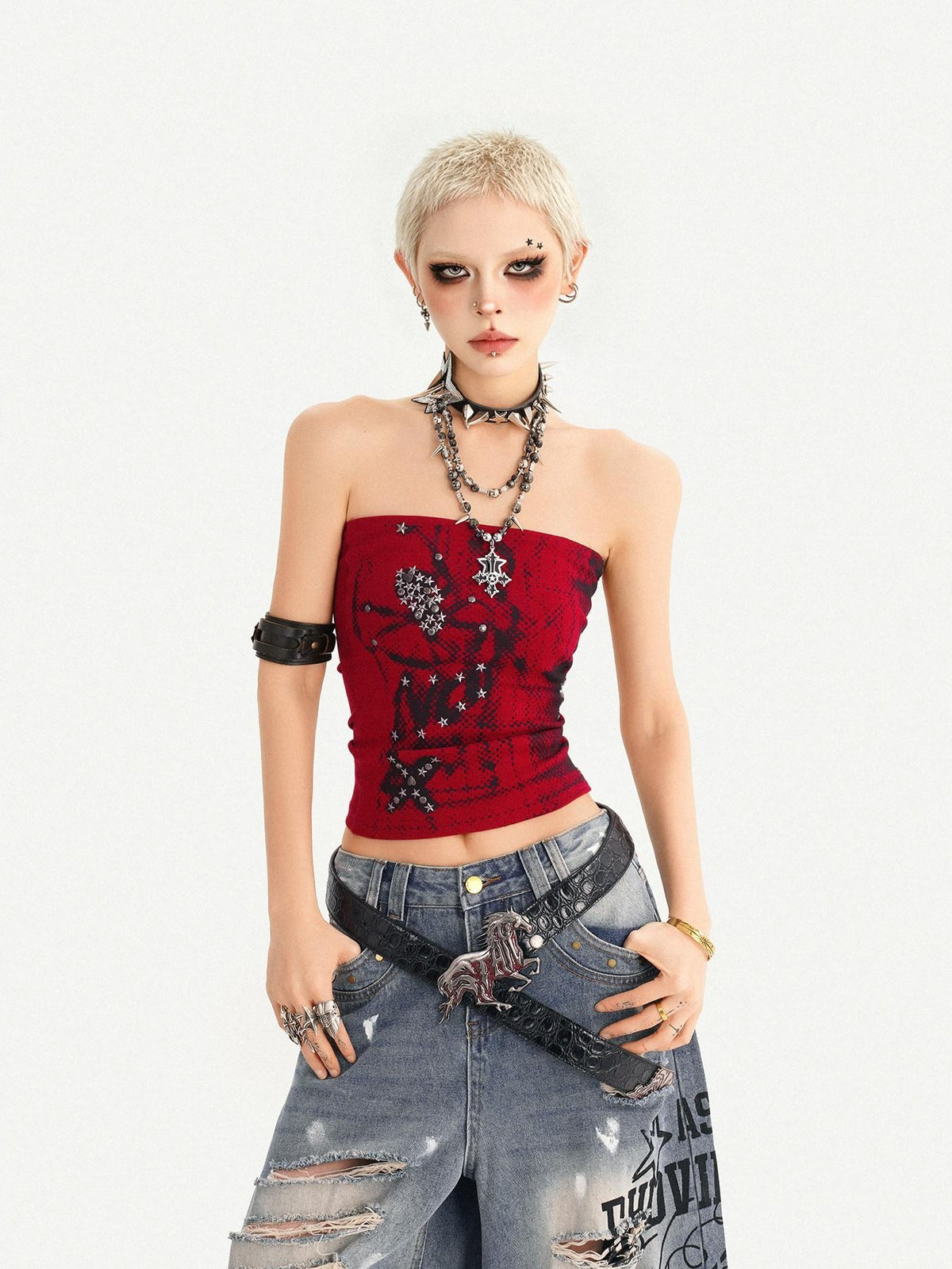 Nico Molly Red Gothic Studded Print Slim Fit Street Punk Women&
