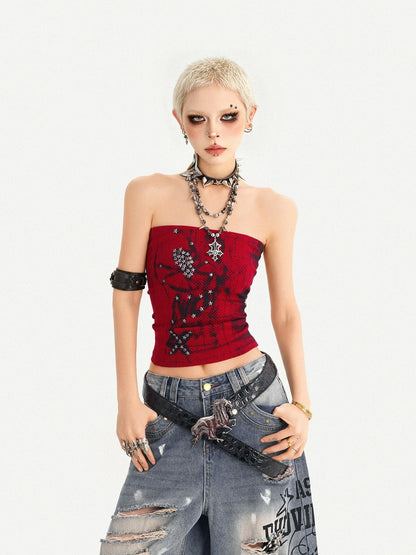 Nico Molly Red Gothic Studded Print Slim Fit Street Punk Women&