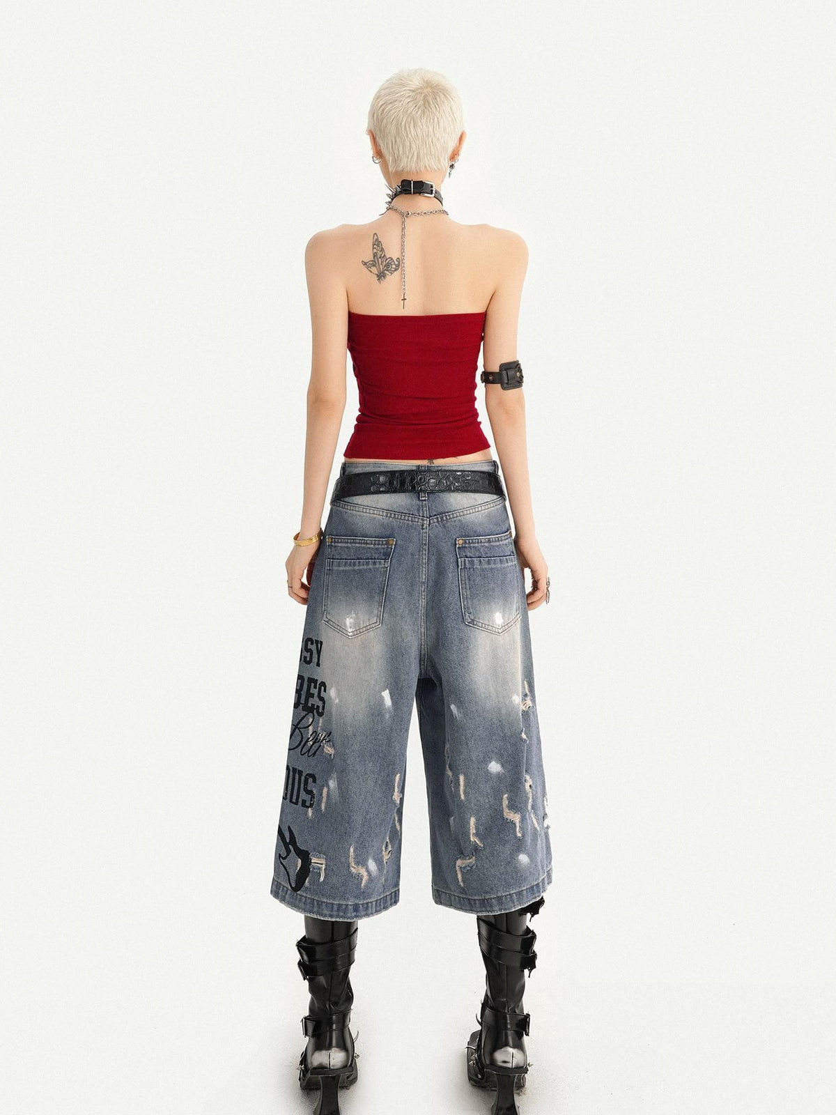 Nico Molly Red Gothic Studded Print Slim Fit Street Punk Women&