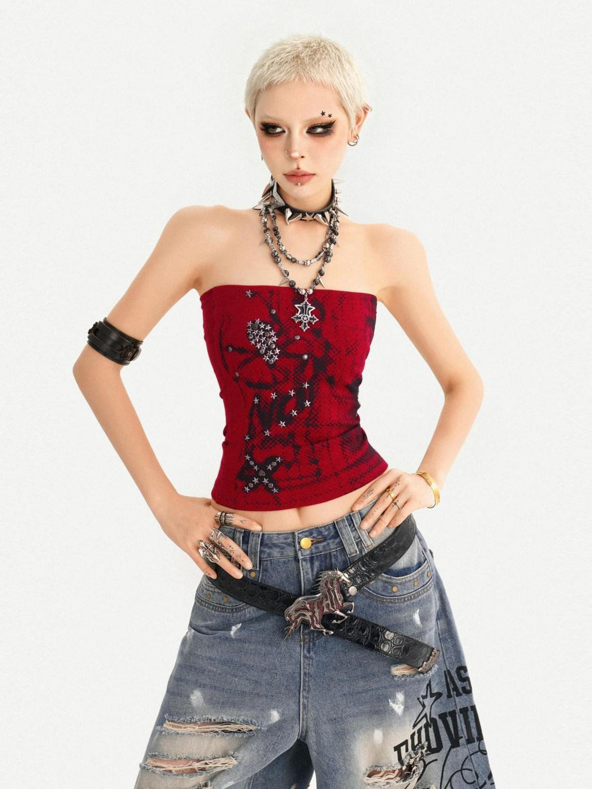 Nico Molly Red Gothic Studded Print Slim Fit Street Punk Women&