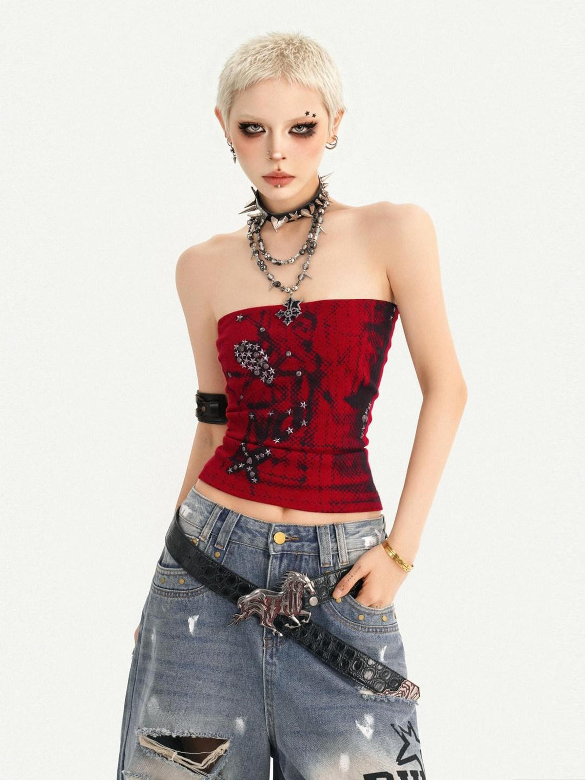 Nico Molly Red Gothic Studded Print Slim Fit Street Punk Women&