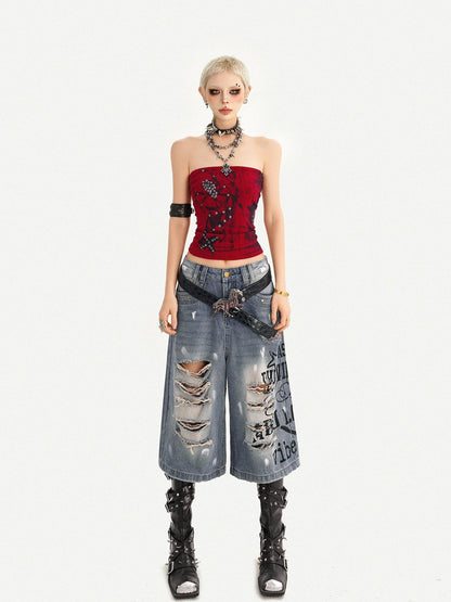 Nico Molly Red Gothic Studded Print Slim Fit Street Punk Women&