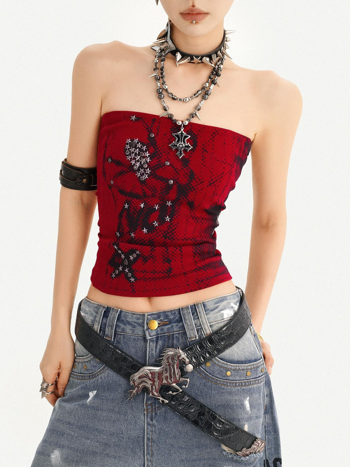 Nico Molly Red Gothic Studded Print Slim Fit Street Punk Women&