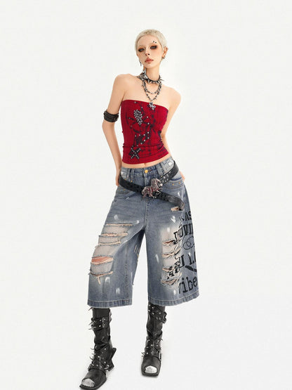Nico Molly Red Gothic Studded Print Slim Fit Street Punk Women&