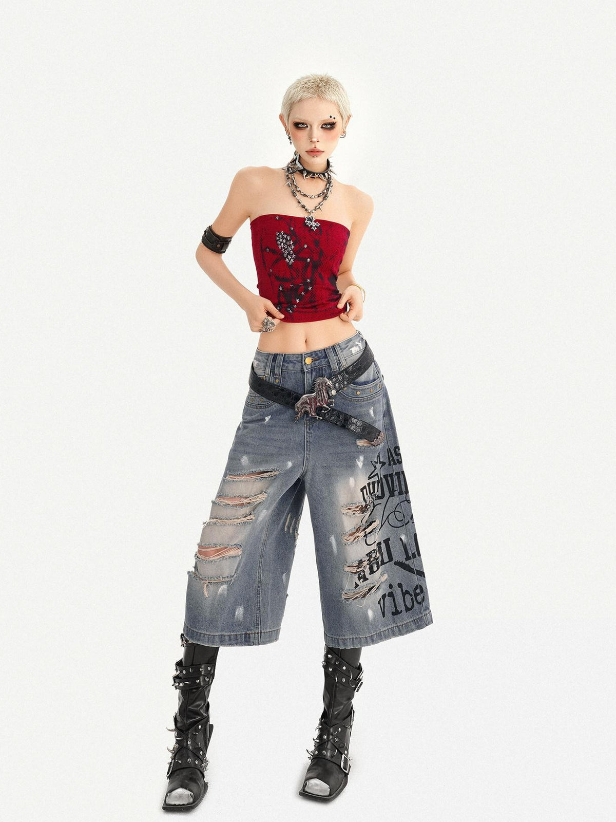 Nico Molly Red Gothic Studded Print Slim Fit Street Punk Women&