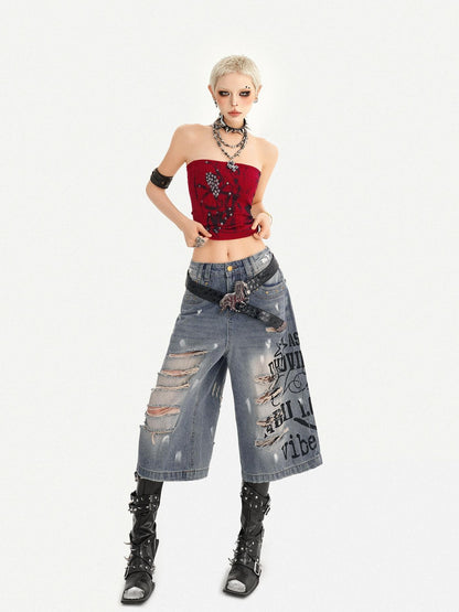 Nico Molly Red Gothic Studded Print Slim Fit Street Punk Women&