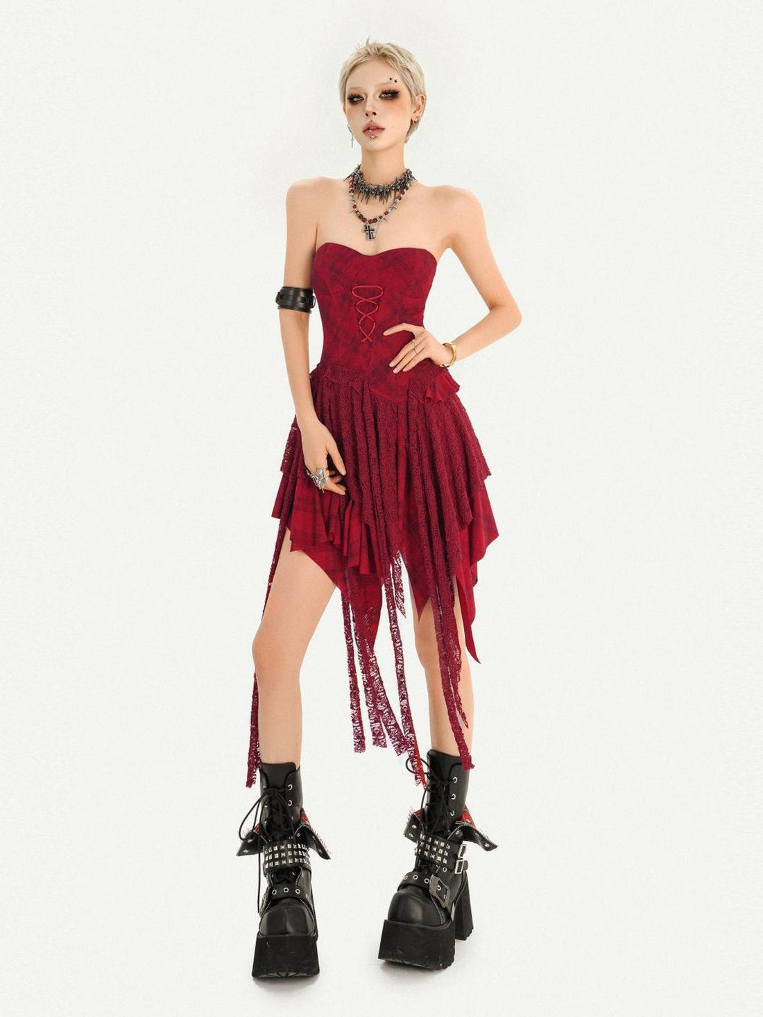 Nico Molly Red Lace Up Waist Cinch Punk Strapless Women&