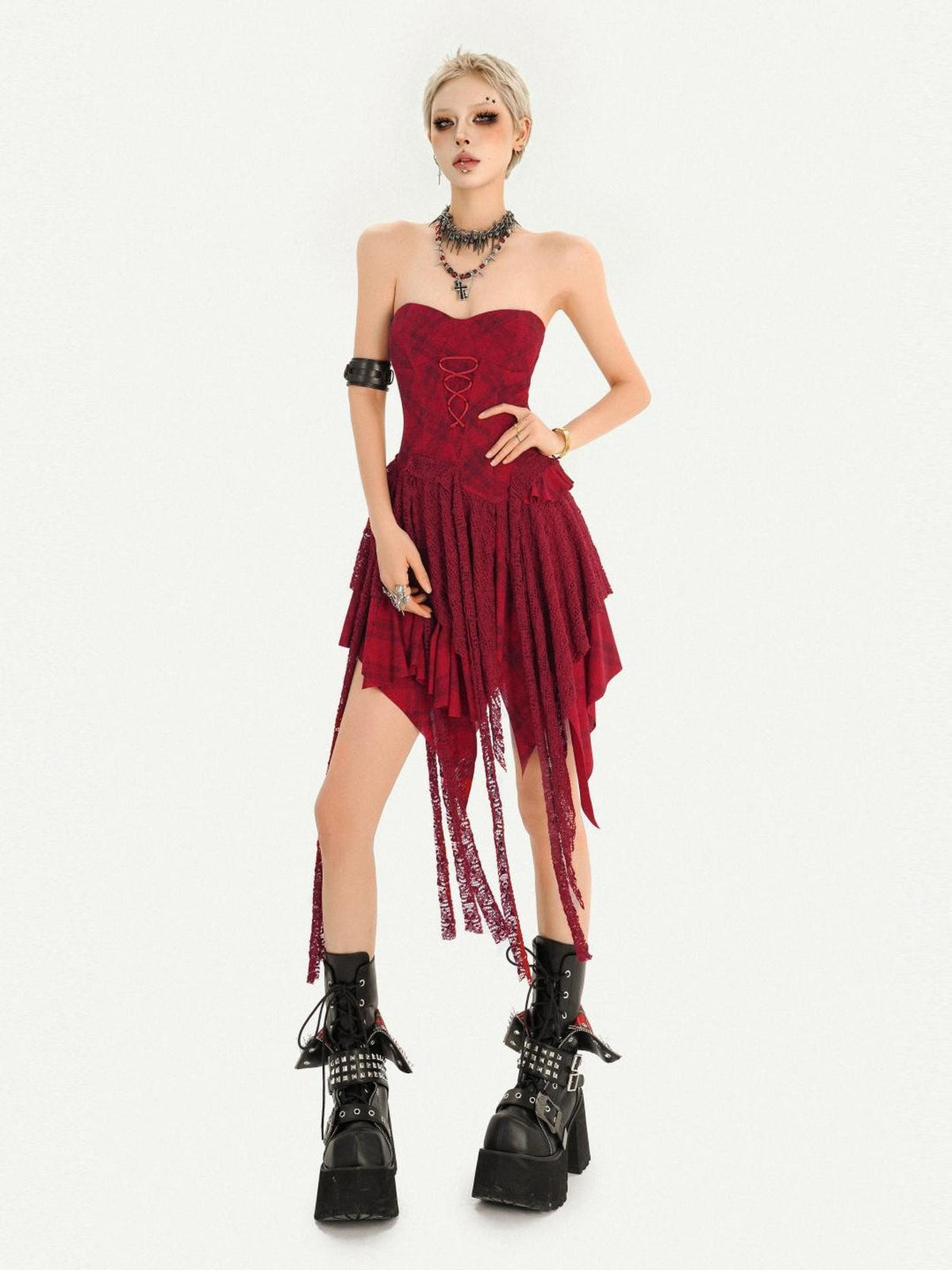 Nico Molly Red Lace Up Waist Cinch Punk Strapless Women&