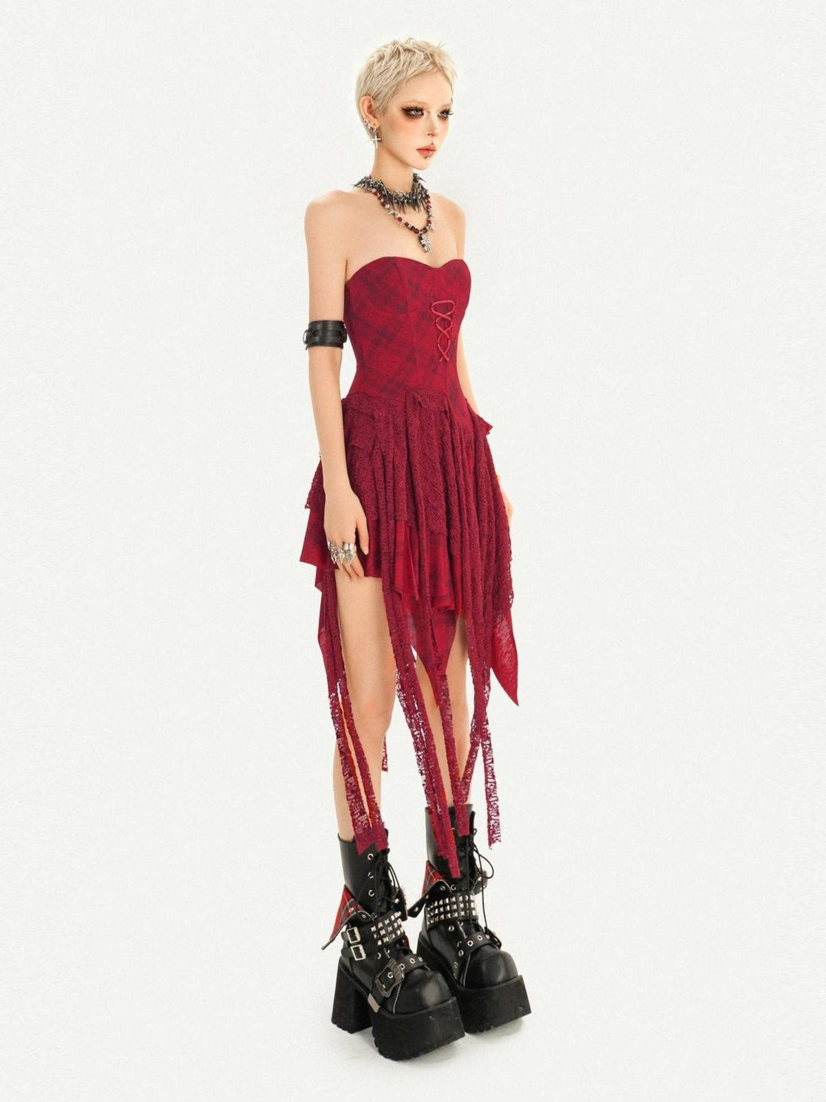 Nico Molly Red Lace Up Waist Cinch Punk Strapless Women&