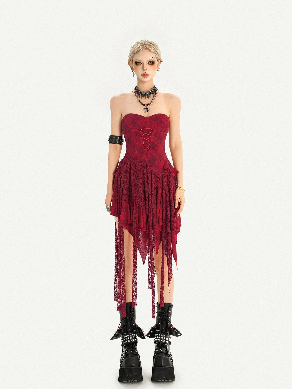 Nico Molly Red Lace Up Waist Cinch Punk Strapless Women&