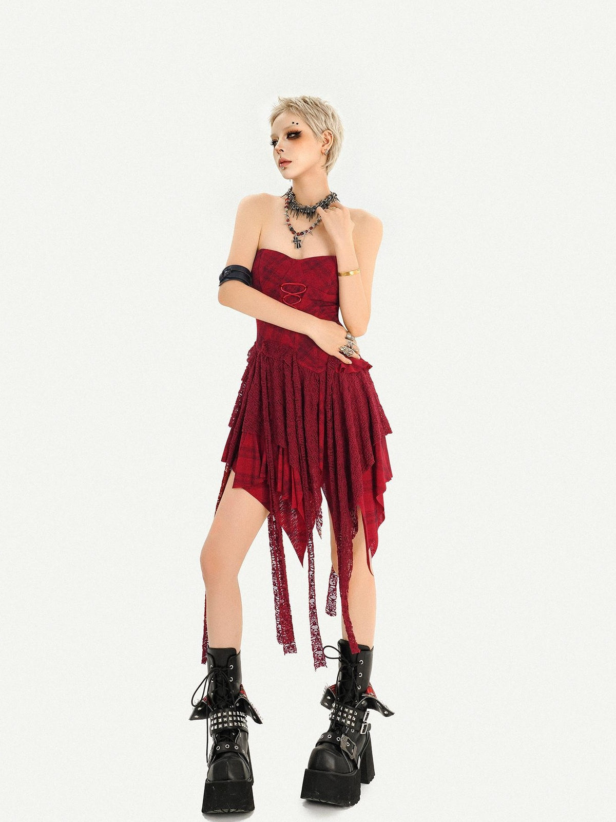 Nico Molly Red Lace Up Waist Cinch Punk Strapless Women&