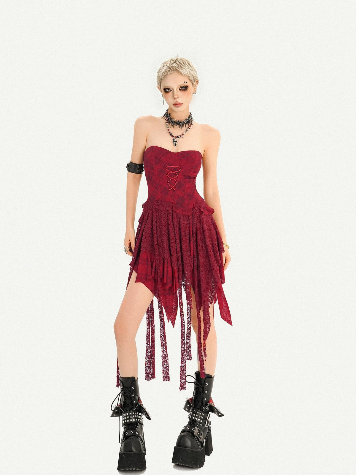 Nico Molly Red Lace Up Waist Cinch Punk Strapless Women&