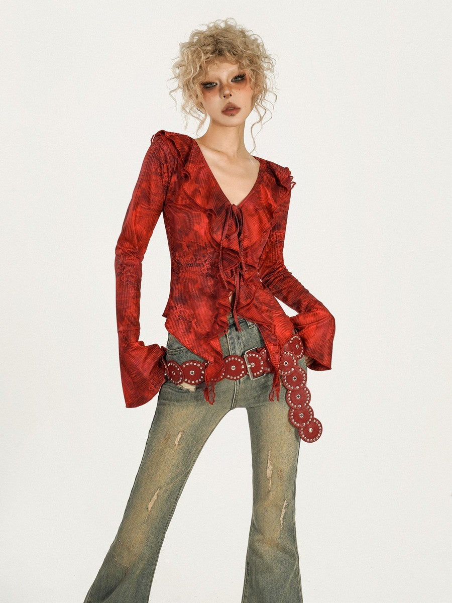 Nico_Molly_Red_Ombre_Print_Tie_Dye_V-neck_Tie_Front_Bell_Sleeve_Women&