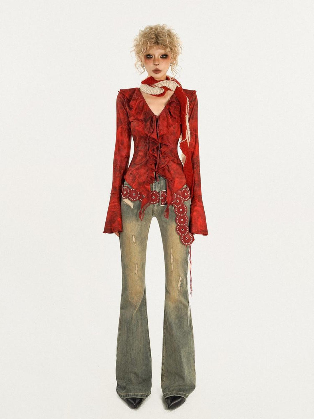 Nico Molly Red Ombre Print Tie Dye V-neck Tie Front Bell Sleeve Women&