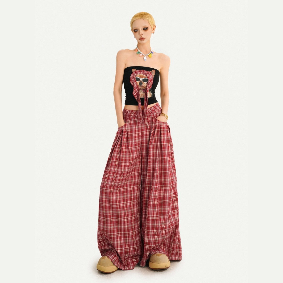 Nico_Molly_Red_Plaid_Dog_Print_Tube_Top_Slim_Fit_Women&