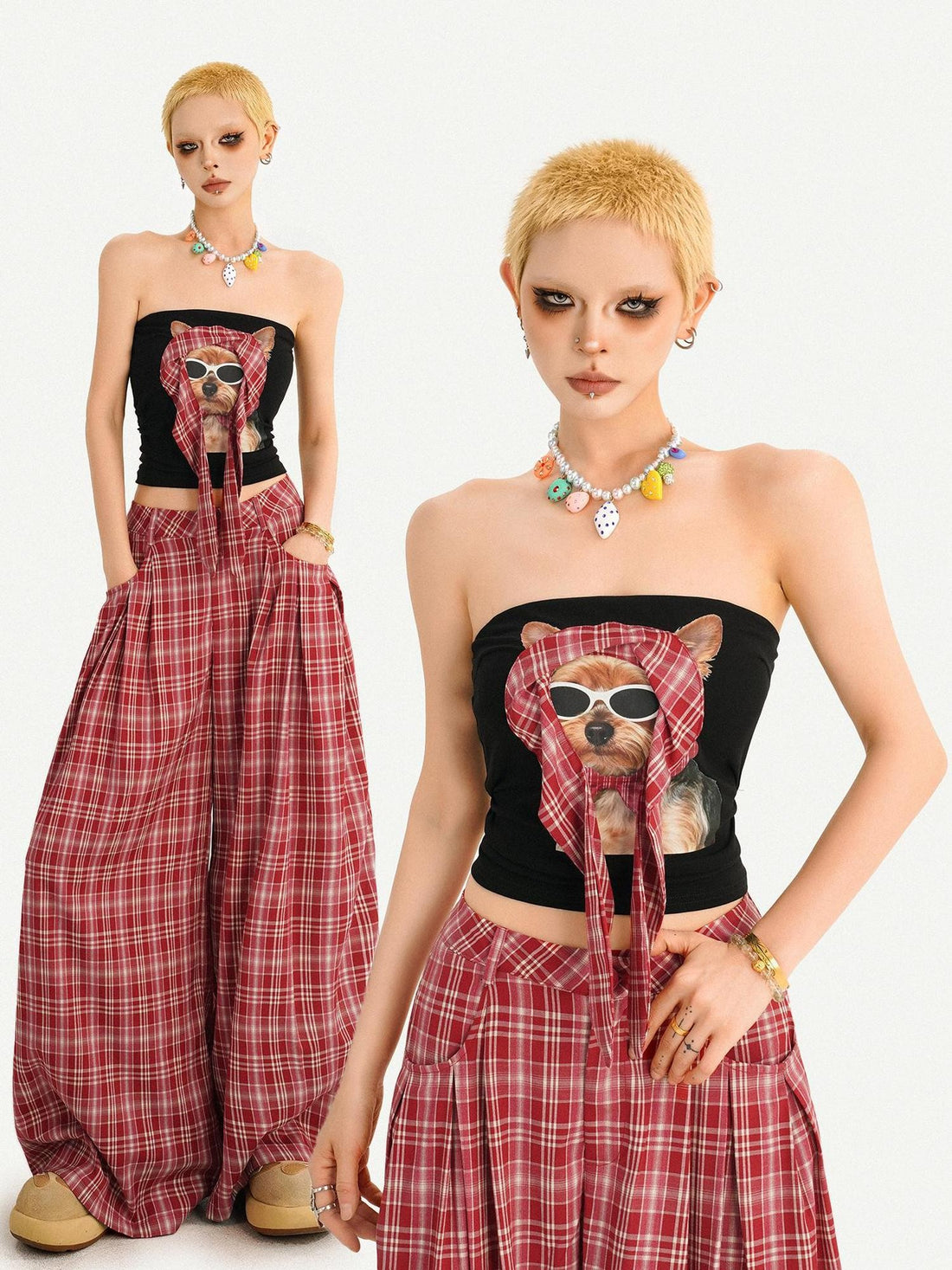 Nico Molly Red Plaid Dog Print Tube Top Slim Fit Women&