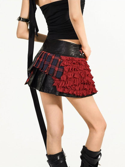 Nico Molly Red Plaid Patchwork Pleated Zipper Mid Waist Lined Women&