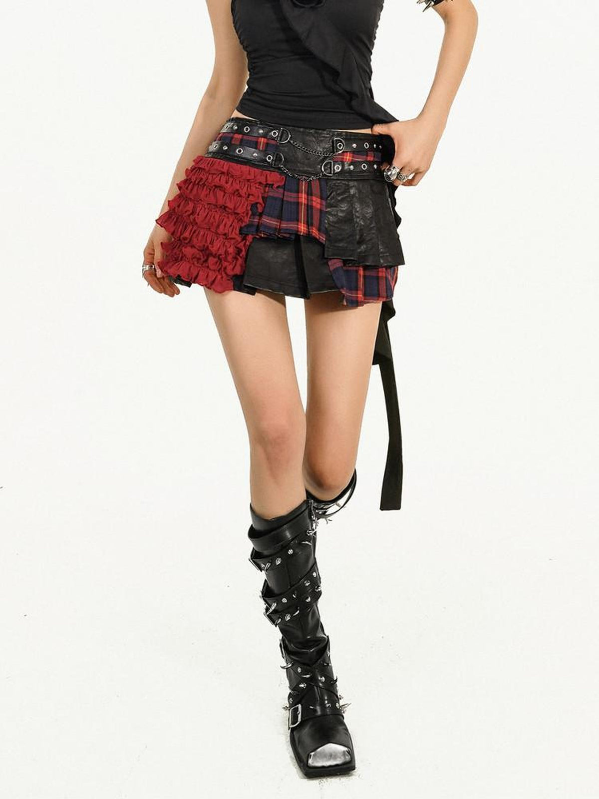 Nico Molly Red Plaid Patchwork Pleated Zipper Mid Waist Lined Women&