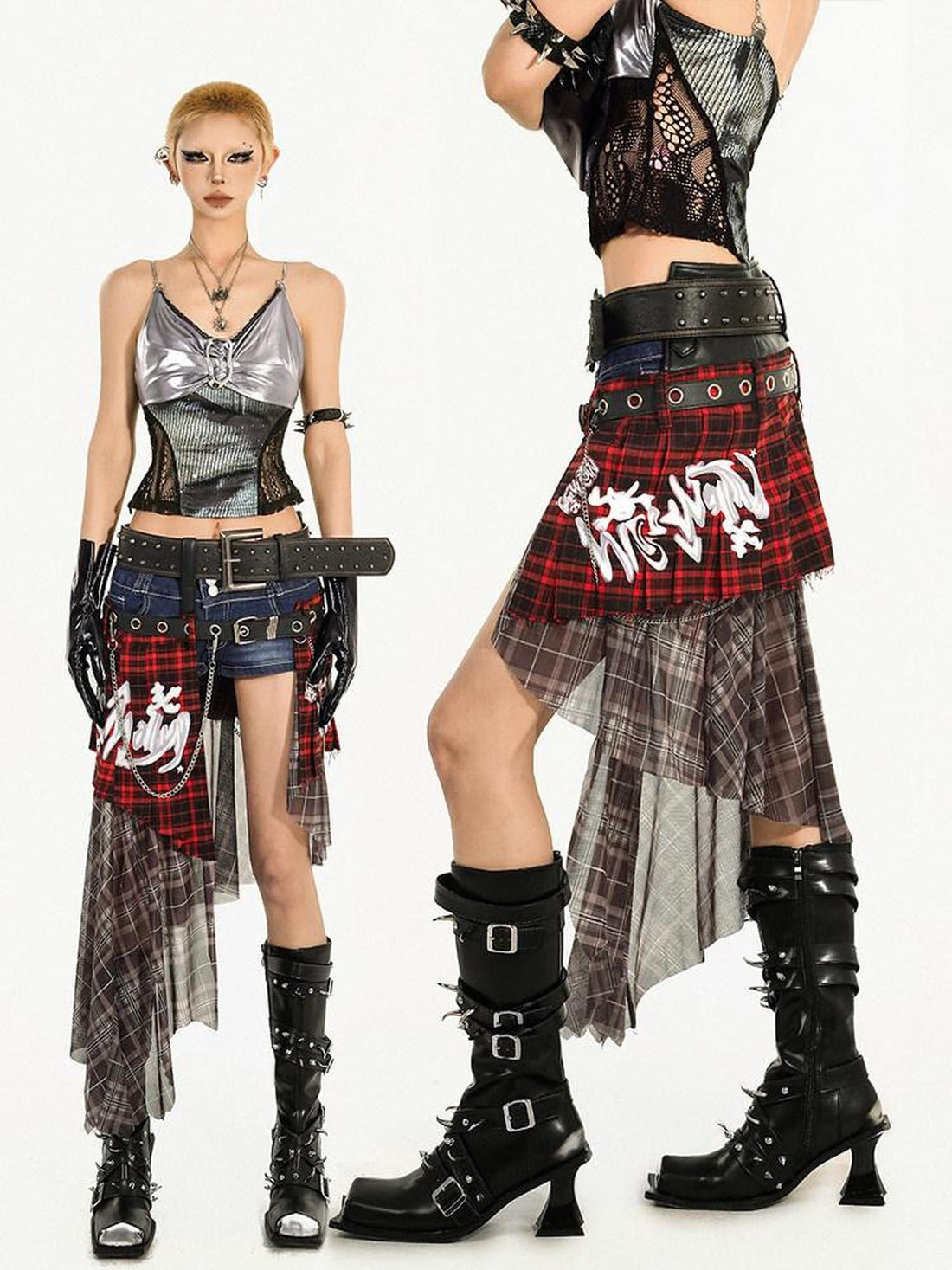 Nico Molly Red Plaid Patchwork Waist Cincher Panel Women&