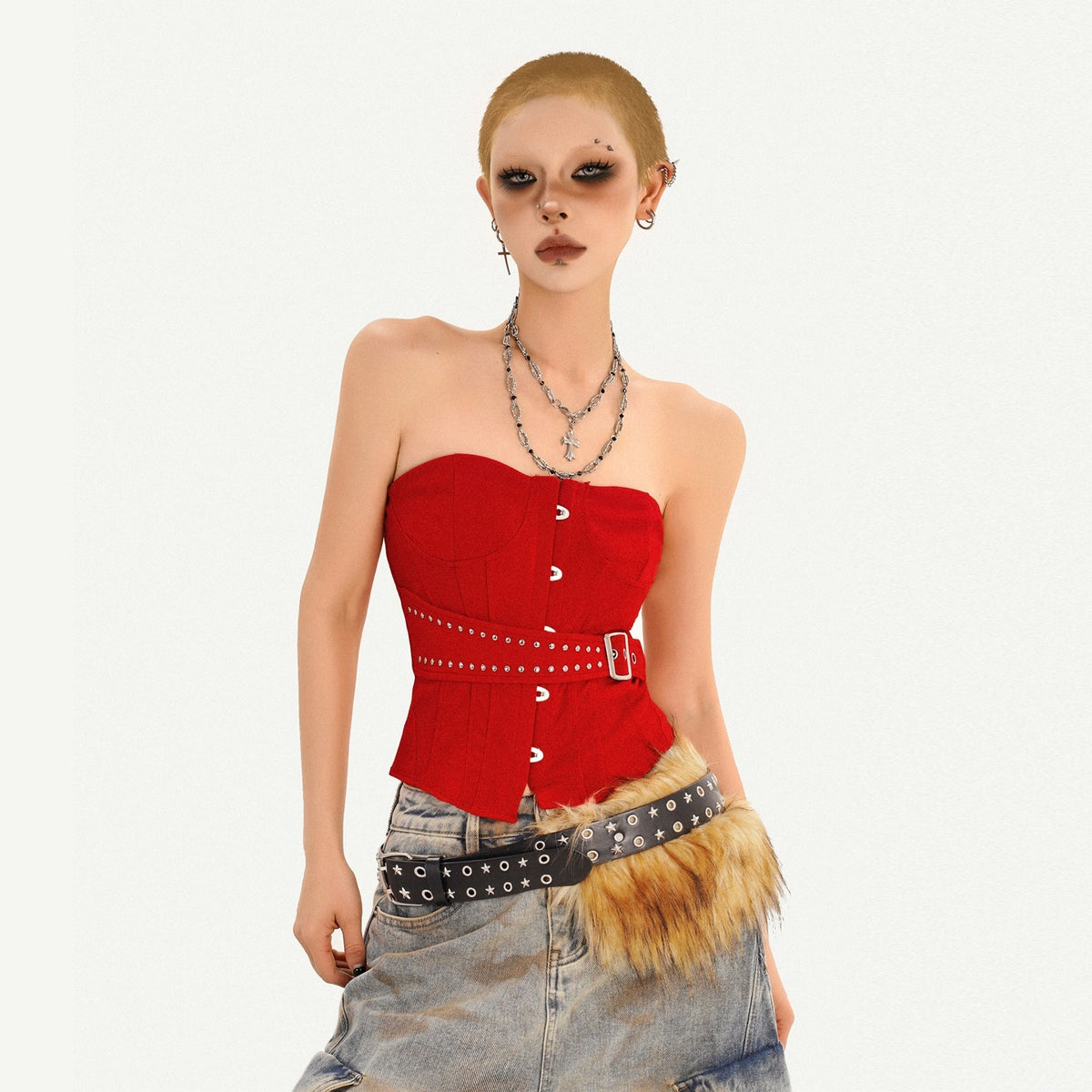Nico_Molly_Red_Studded_Buttoned_Boned_Asymmetric_Backless_Fitted_Women&
