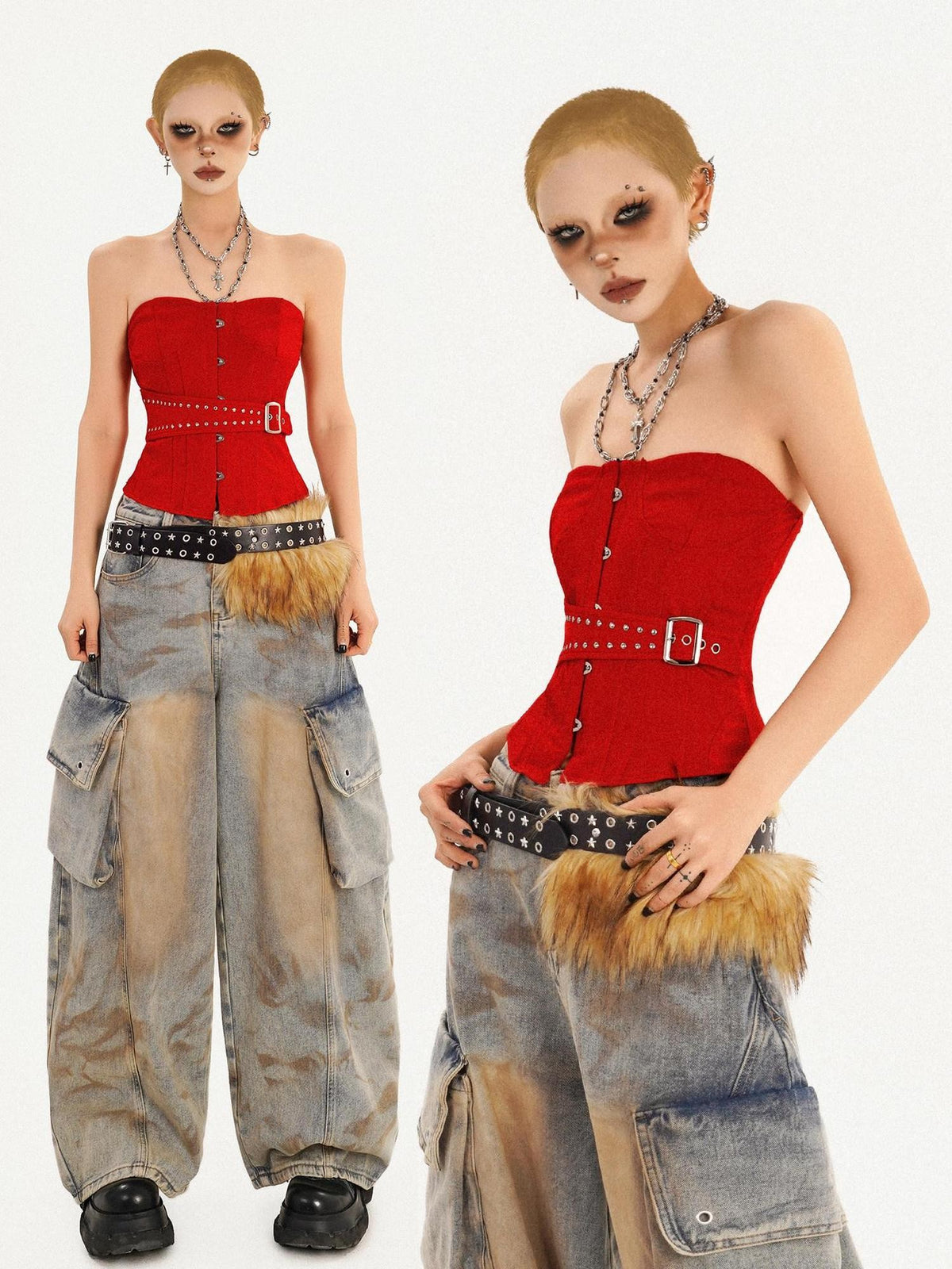 Nico Molly Red Studded Buttoned Boned Asymmetric Backless Fitted Women&
