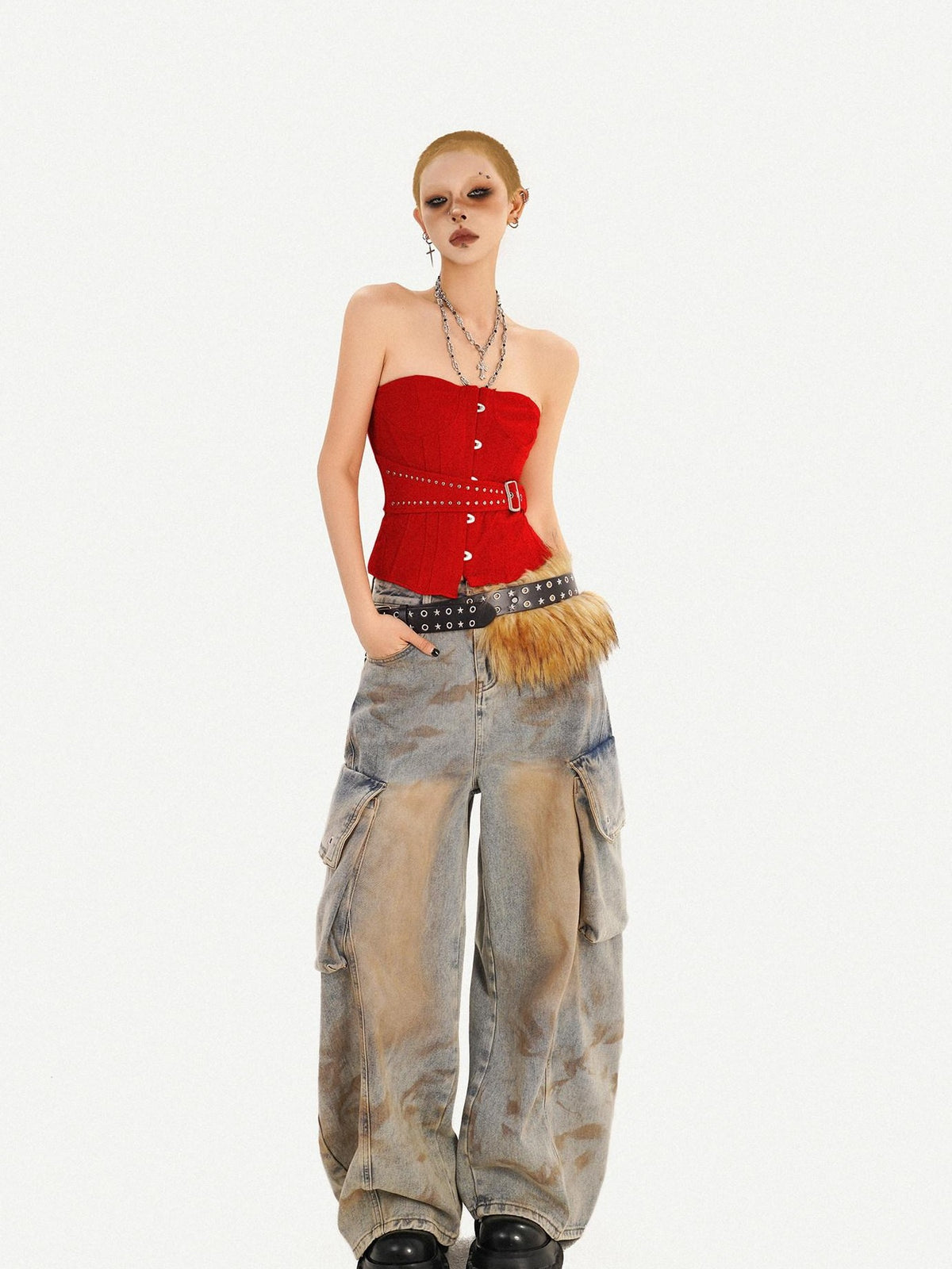 Nico Molly Red Studded Buttoned Boned Asymmetric Backless Fitted Women&