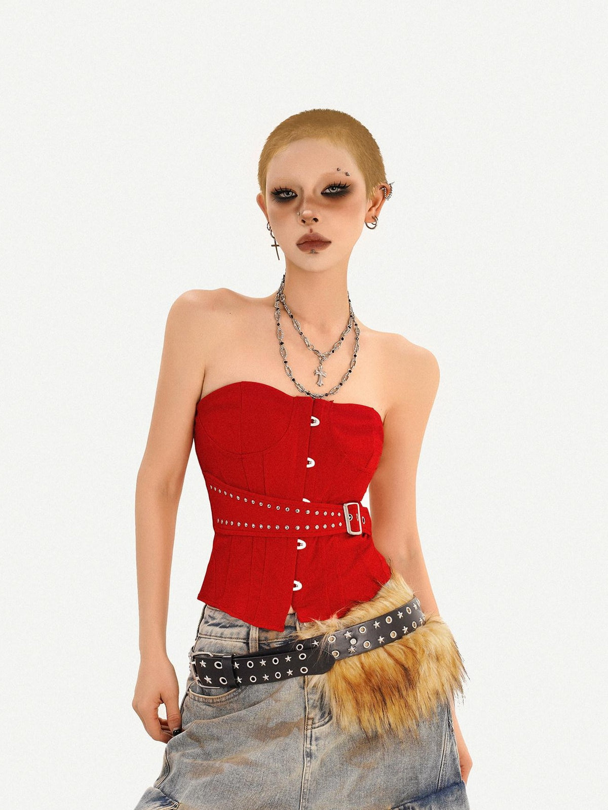 Nico Molly Red Studded Buttoned Boned Asymmetric Backless Fitted Women&