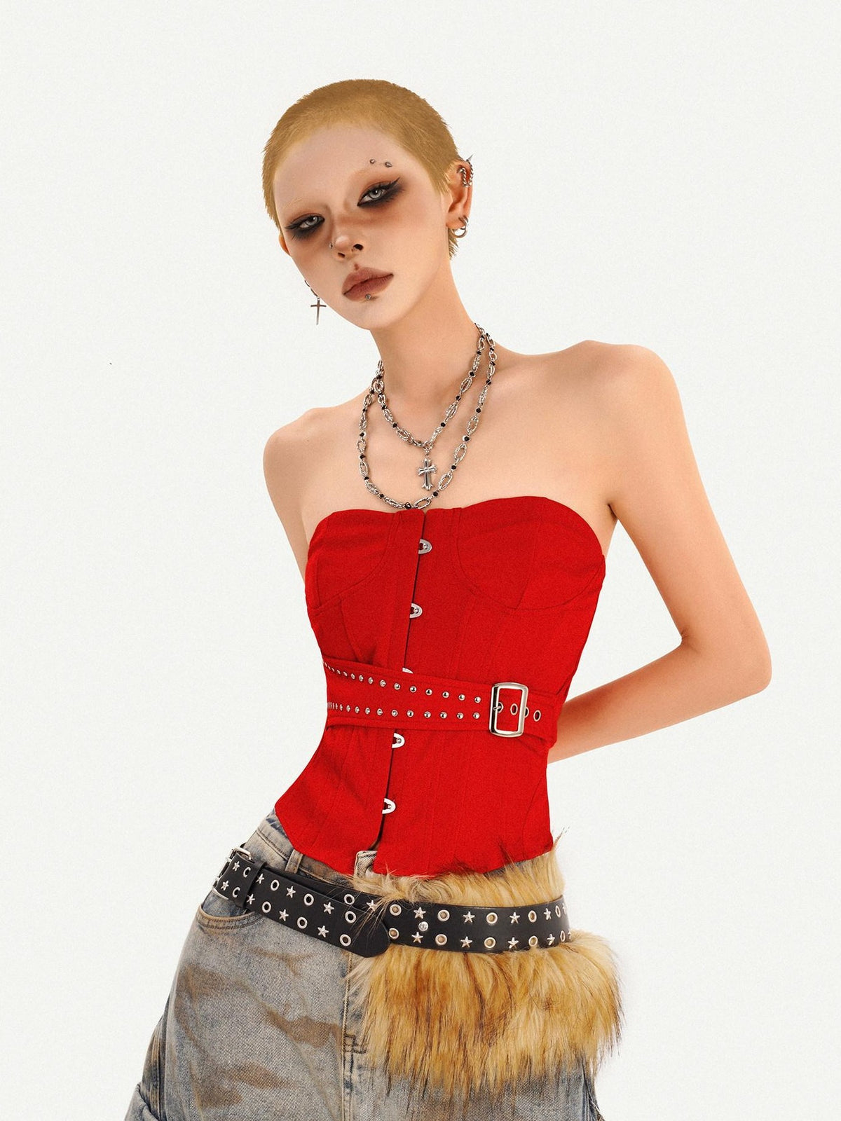 Nico Molly Red Studded Buttoned Boned Asymmetric Backless Fitted Women&