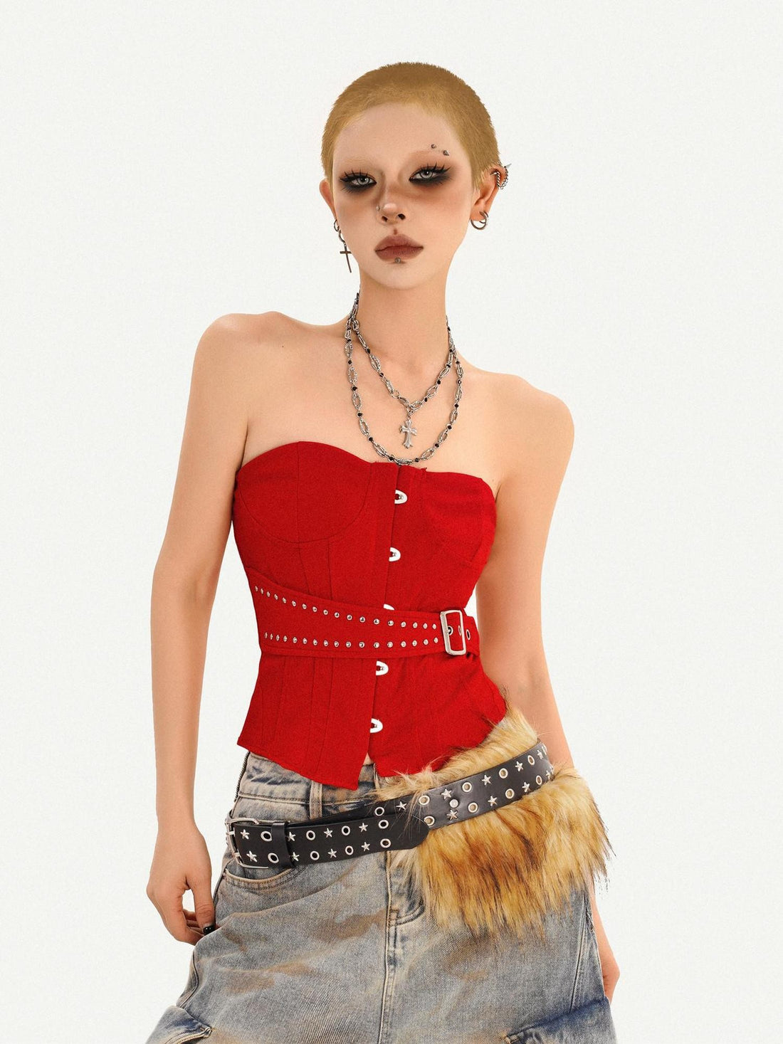 Nico Molly Red Studded Buttoned Boned Asymmetric Backless Fitted Women&