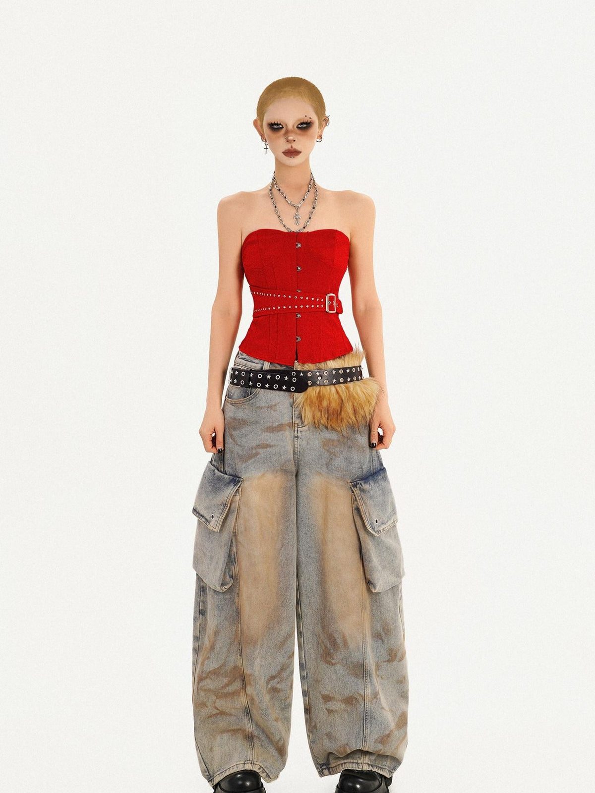 Nico Molly Red Studded Buttoned Boned Asymmetric Backless Fitted Women&